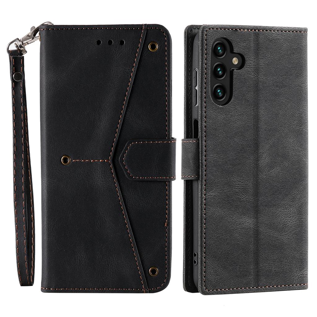 For Samsung Galaxy S25 FE Leather Case Splicing Stitching Wallet Phone Cover with Wrist Strap