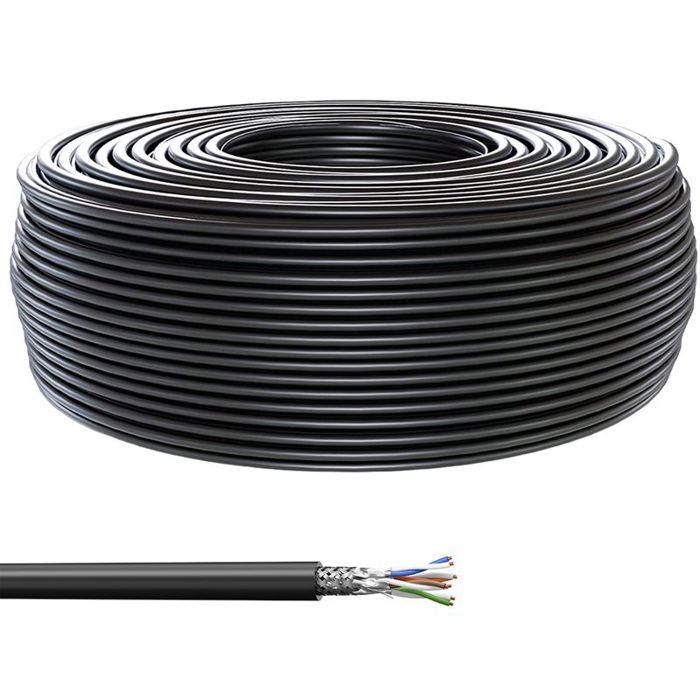 Câble Ethernet RJ45 Cat 6 - goobay - 100 m - SFTP, PiMF - extérieur, rond, solide - noir