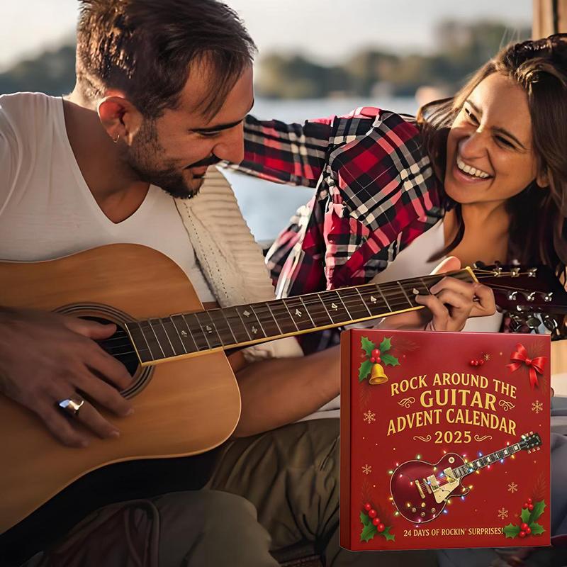 2025 Rock Around The Guitar Adventní kalendář, 24 dní Vánoční odpočítávací kalendář, s 24 mini kytarovými ozdobami