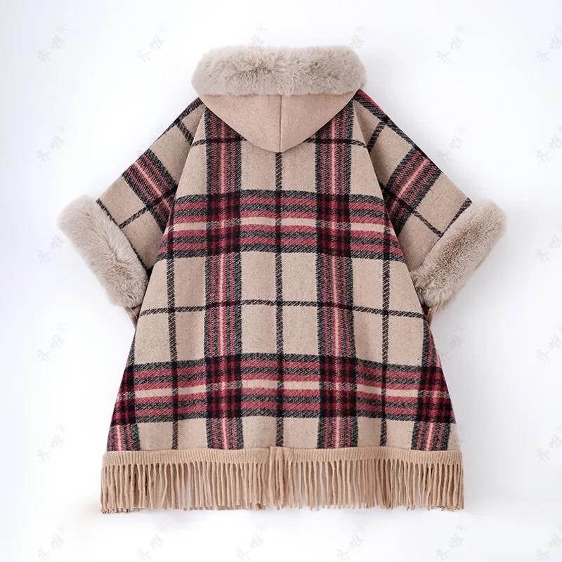 Faux Rabbit Fur Capes Coats Women Plaid Poncho Jackets Tassel Hooded Batwing Sleeves Open Stitch Loose Casual Autumn Winter