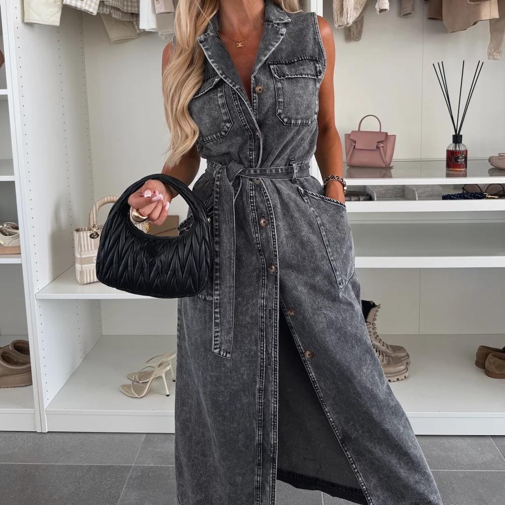 IHUASU Dlouhé džínové šaty bez rukávů s výstřihem do V, šněrováním v pase a jednořadým výstřihem