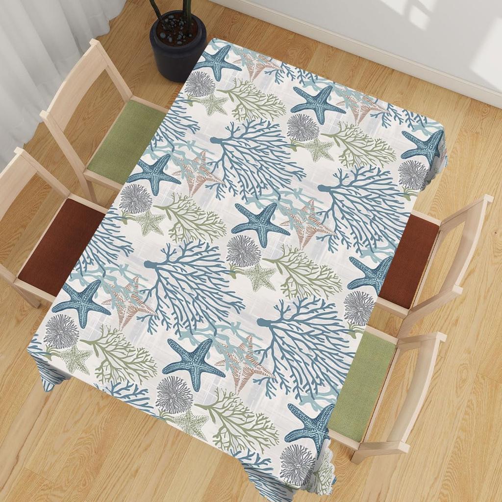 Coastal Nautical Starfish Tablecloth, Premium Beach Ocean Seashell Coral Table Cover for Vibrant Summer Patio Dining