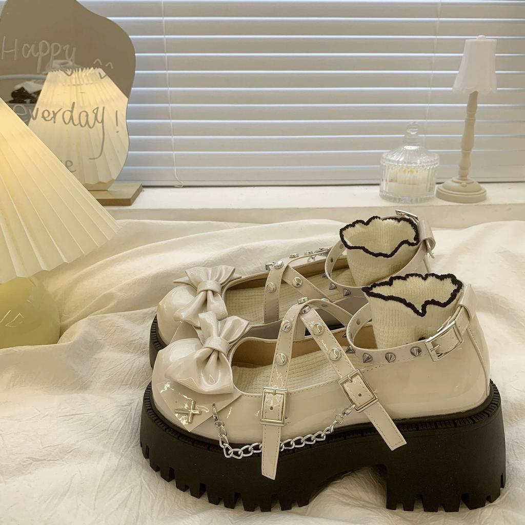 Punk Rivet Shallow Mouth Small Leather Shoes Women's New Spring Bow Thick Sole Height Increase Lo Shoes Versatile Single Shoes