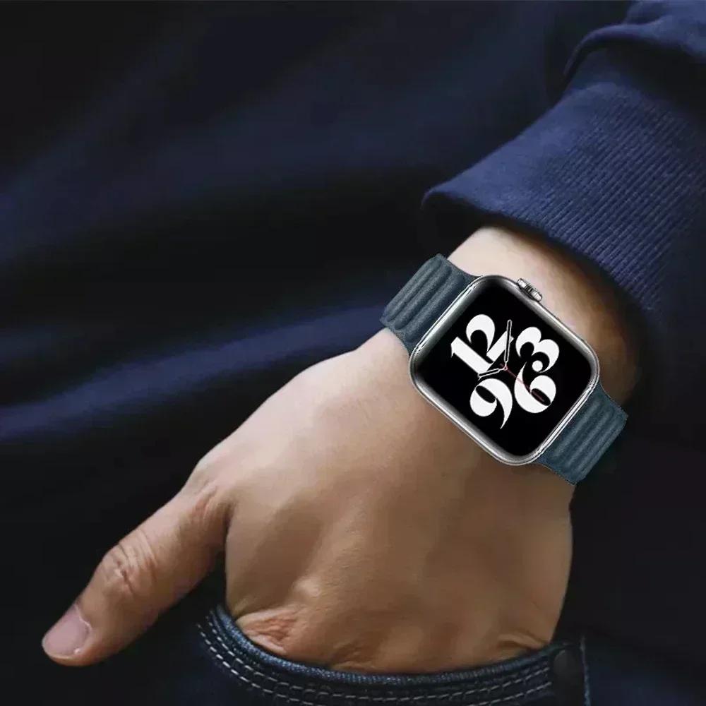 Leather Strap for Apple Watch Band 42mm 46mm 45mm 44mm 40mm Original Magnetic Loop Link Bracelet iWatch Ultar 2 49mm 10 9 8 7 SE