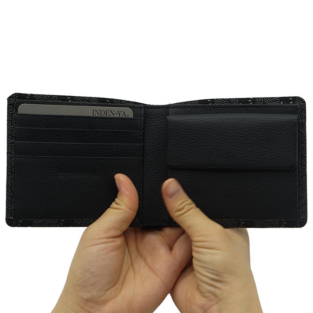 Inden Bifold Wallet with Bill Compartment and Coin Deerskin Leather 2006 Black with Gray Wakamatsu Diamond [Inden-ya] Purse, No. ([71-183] Lacquer,