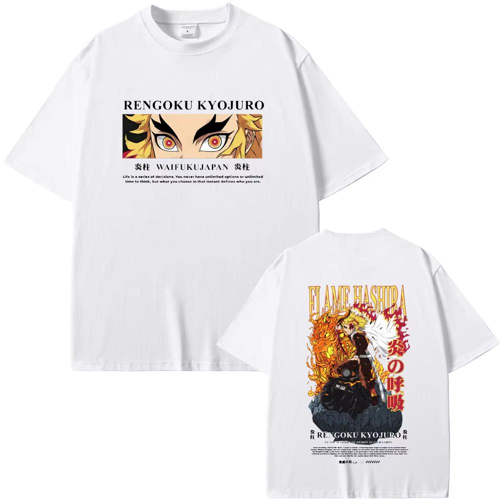 Anime Demon Slayer T-shirt Rengoku Kyoujurou Ögon Grafisk T-shirt Män Kvinnor Mode Casual T-shirts Manlig Mjuk Bomull Kort Ärm