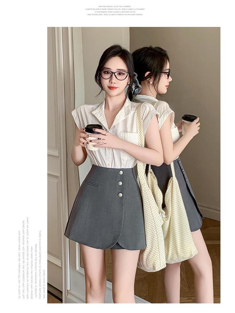 Women's High-Waisted Gray A-Line Skirt Shorts - Spring 2025 Casual Wide-Leg Design