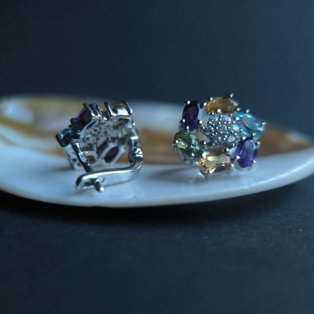 Серебряные серьги с натуральным аметистом 3.253ct, цитрином, хризолітом, топазом (2193180)