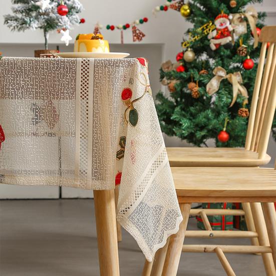 Christmas Lace Tablecloth Embroidered Santa Claus Xmas Bell Table Cloth Festive Dining Table Cover for Holiday Home Dinner Party Decor
