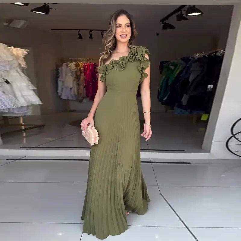 

Европейское и американское новое платье с плиссировкой, облегающее талию, с цветочным принтом, однотонное, вечернее платье, женское вечернее платье Olive color XL