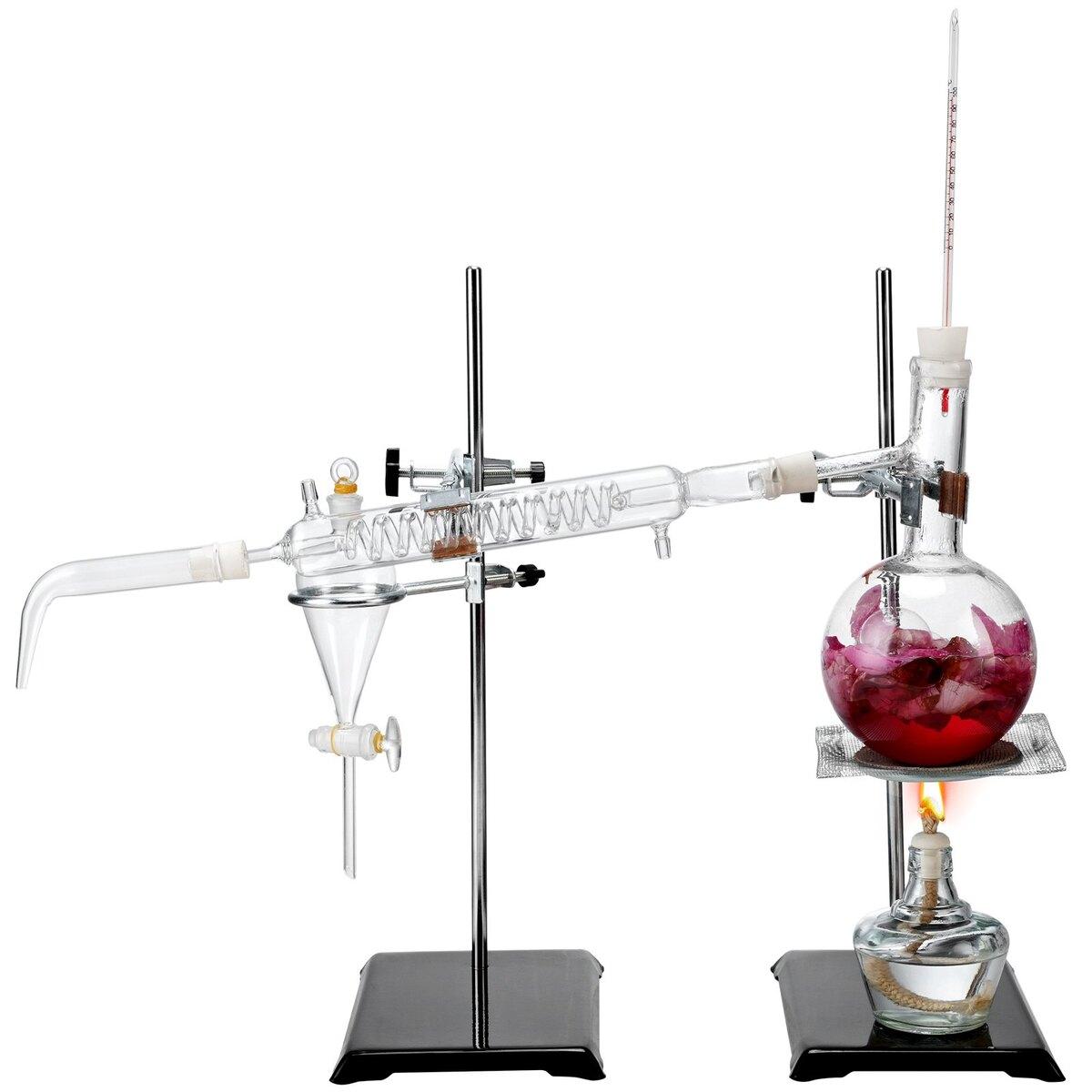 Kit de Distilare Uleiuri Esențiale, Aparat de Distilare 500ml, Kit de Distilare din Sticlă de Laborator Boro 3.3 cu Lampă cu Alcool, Plasă Ceramică și 24, 40