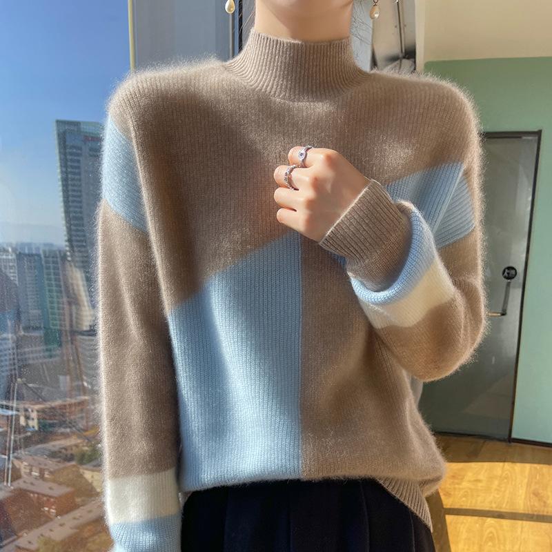 Contrast Color Thickened Half-high Neck Cardigan for Women In Autumn and Winter New Fashionable and Versatile Cashmere Sweater Warm Knitted Base Shirt