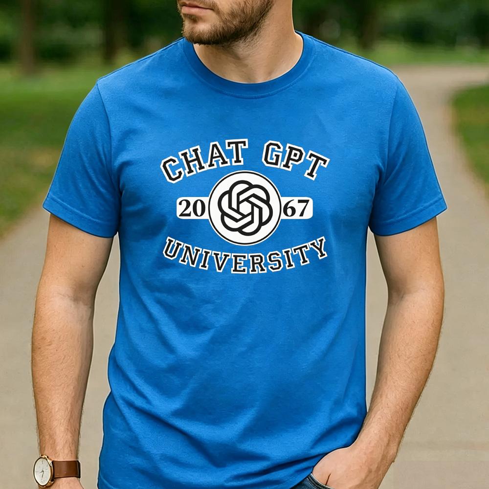 Chat GPT University Twist Knot Est 2067 Graphic T Shirt Unisex Crew Neck Short Sleeve Tech Geek Holiday Gift Tee