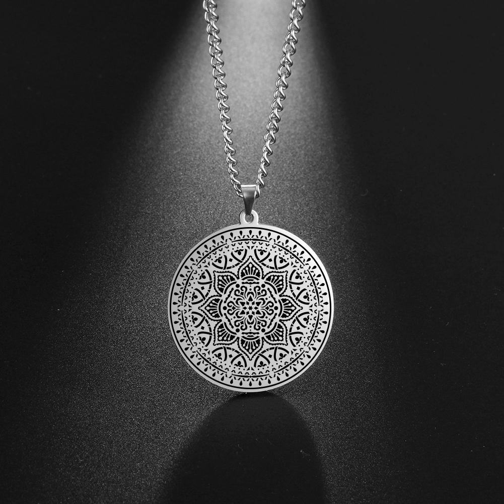 LIKGREAT Lotus Flower Chakra Mandala Pendant Necklace Stainless Steel Women Men Buddhism Hinduism Meditation Spiritual Jewelry 60cm