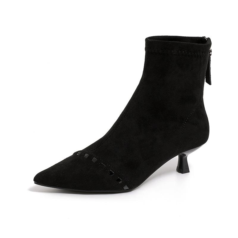 2025 Herbst neue Nieten Mode Stiefel Damen Nische elastische Stiefel Reißverschluss hinten dünner Absatz nackte Stiefel spitz zulaufende dünne Stiefel