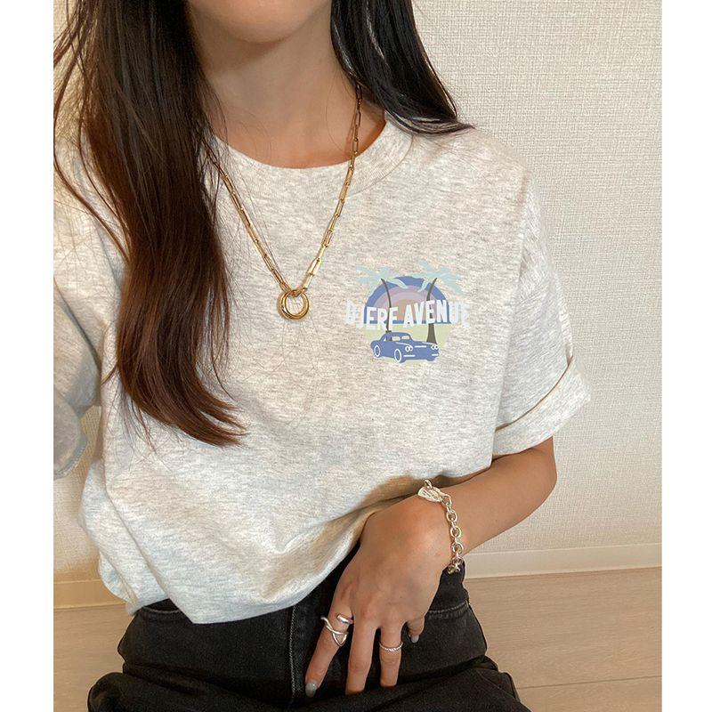 American Vintage Niche Oat Gray Island Coconut Tree Car Print Pure Cotton Short Sleeve T-shirt Women