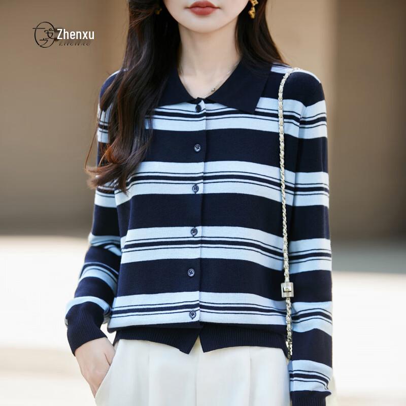 Zhenxu Damen Wollmischung Gestreifter Polo-Strickjacke