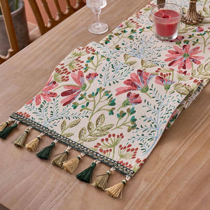 Colorful Flower Jacquard Table Runner with Tassel Kitchen Dining Table Decoration Embroidered Table Runner for Home Party Decor
