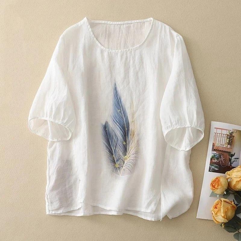 Women Feather Print Round Neck Half Sleeve Linen Cotton Blend Top