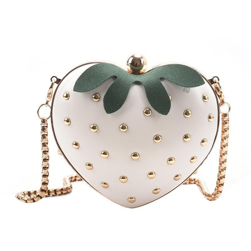 Strawberry Print Red Leather Crossbody Bag Gold Studs Chain Strap Lovely Mini Shoulder Purse for Girls Party Gift