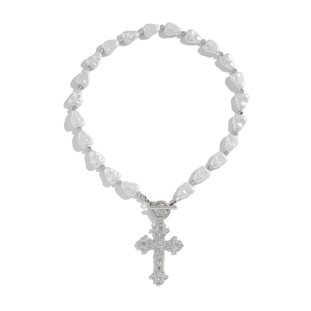 Hip Hop Personality Cross Ot Buckle Necklace, Baroque Alien Pearl Beaded Collarbone Chain