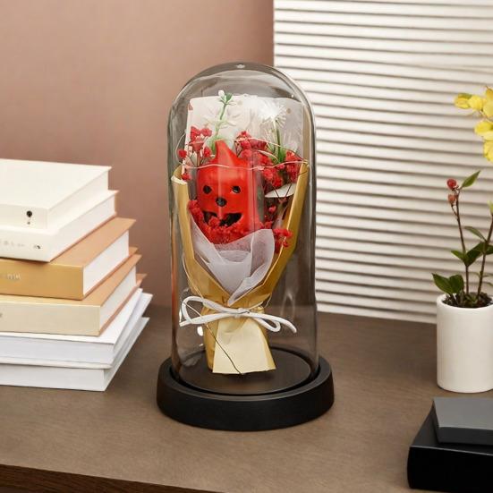 LED Clear Dome Pumpkin Night Light Halloween Light-up Pumpkin In Cloche with Artificial Flower for Home Kitchen Mantel Party Decor