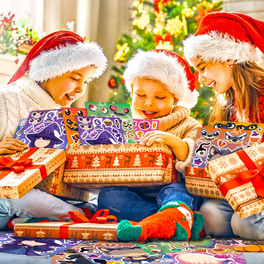 6 Pcs Halloween Sticker Sheets, Costume Face Mix & Match Decals for Journals, Party Favors, DIY Carnival Games for Kids Gifts