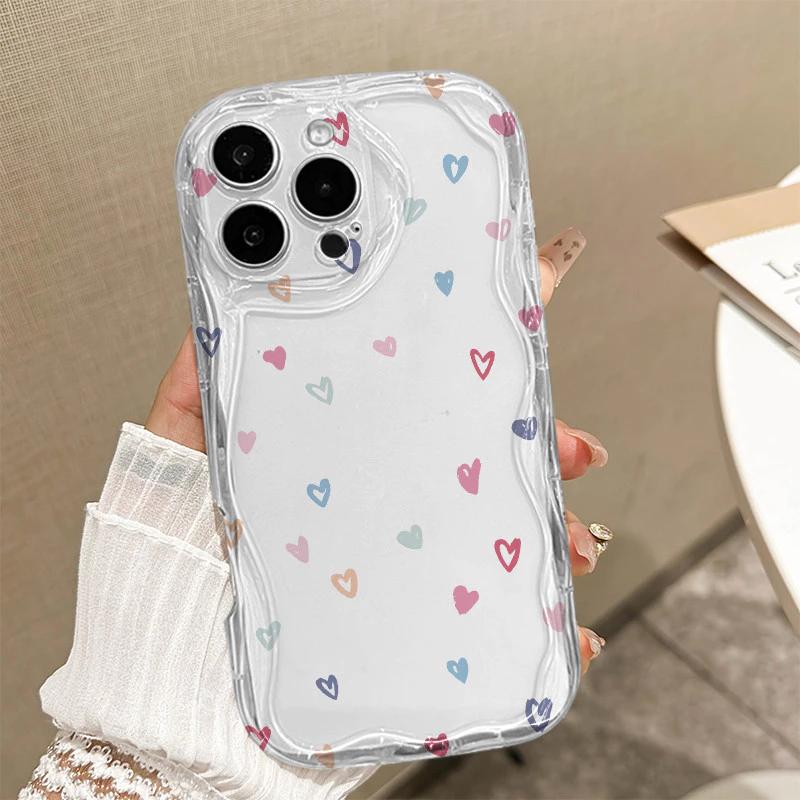 Colorful Love Heart Pattern Clear Silicone Phone Case For IPhone 17 17E 16 16E 15 Pro Max 14 11 13 12 Plus Soft Wavy Edge Cover