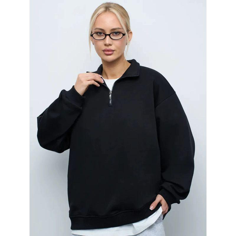 

Solid Color Loose Half Zipper Top European and American Fashion Half Zipper Solid Over fit hoodie Black (thin) thin S