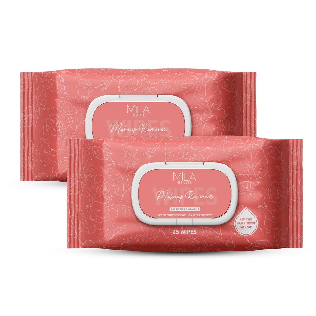 Mila Beauté Makeup Remover Wipes 25 Wipes Each - Pack of 2 | Hydrating & Refreshing Facial Wipes With Rosewater & Vitamin E | Removes Waterproof Ma