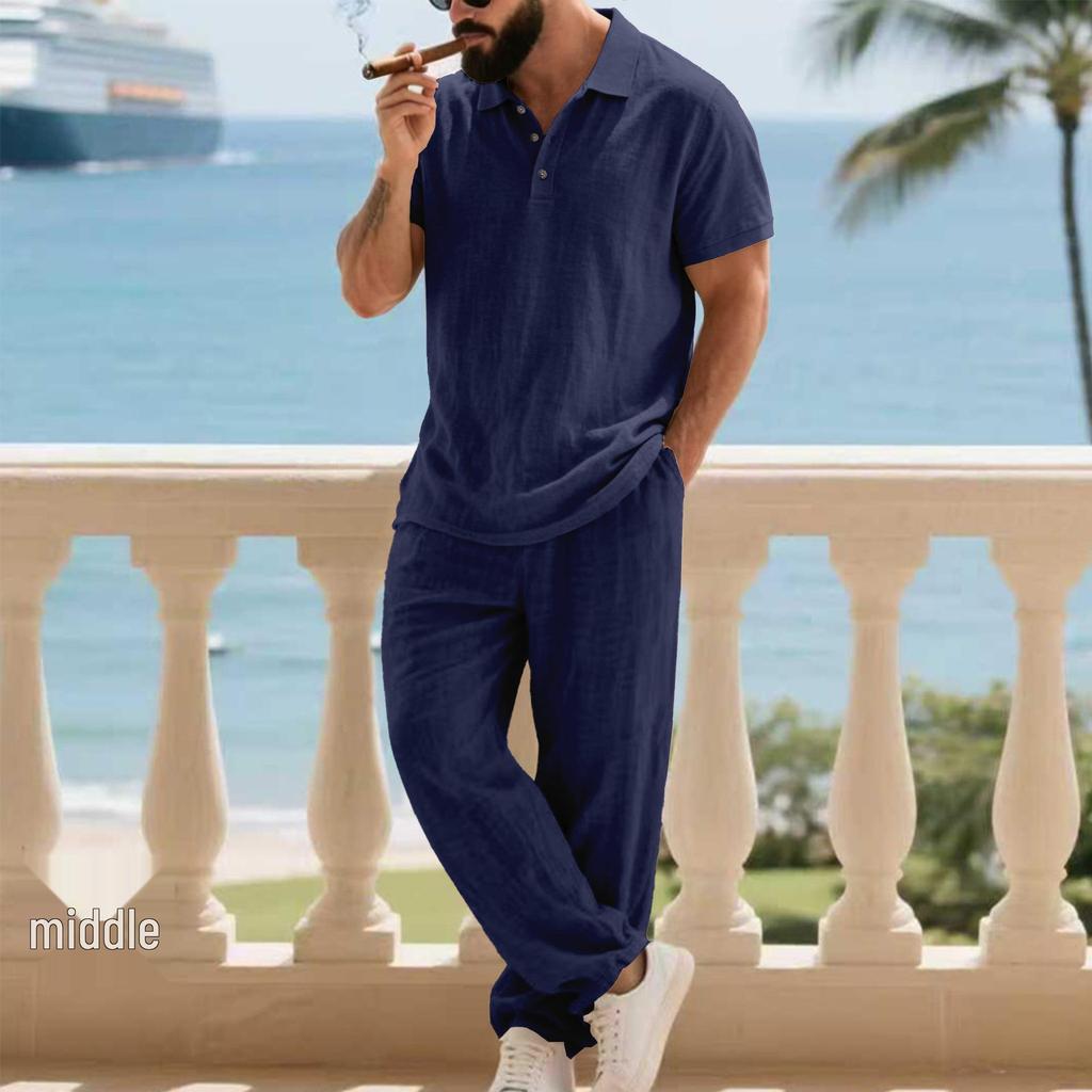Men's European Summer Linen Polo Shirt & Pants Set - Breathable and Casual Travel Wear