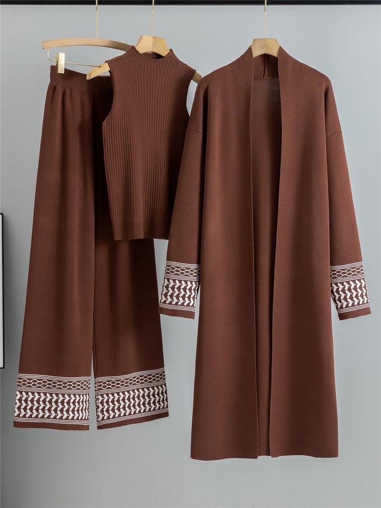 Europäische & Amerikanische Mode Gestricktes Dreiteiliges Set: Herbst/Winter Freizeitweste, Strickjacke und Hose mit weitem Bein