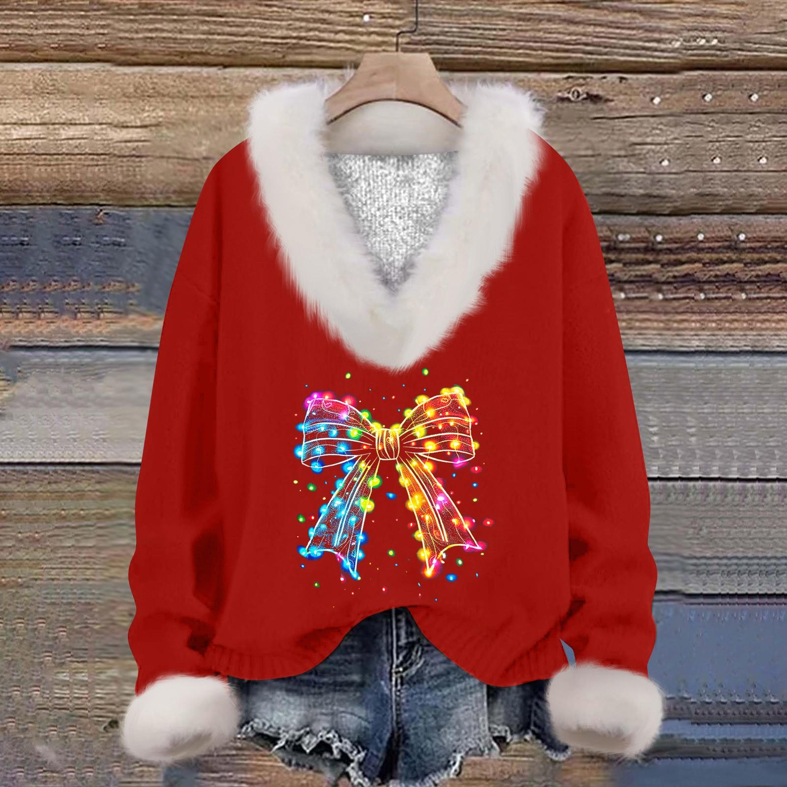 

Женская мода повседневный рождественский принт длинный рукав V-образный вырез трикотажный свитер пуловер топ XXL