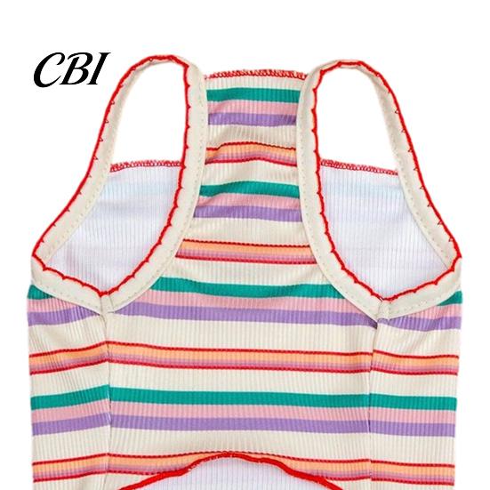 Soft Fabric Dog Tee Colorful Striped Pet T-Shirt, Sleeveless Thin Straps Breathable Apparel Tank Top with Cute Bear Embroidery for Small Dogs