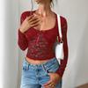 Women Y2k Sexy Wind Slim Hollow Long Sleeve Tie Lace Shirt Top