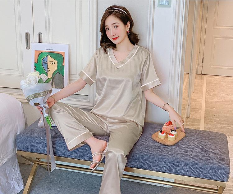 Women's Short Sleeve Faux Silk Ice Silk Pajama Set with Lapel - European Size