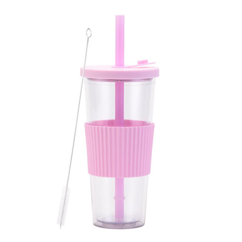 2025 Large Capacity Double Layer Plastic Cup Large Hole Straw Pearl Boba Milk Tea Cup Portable Outdoor Straw Cup