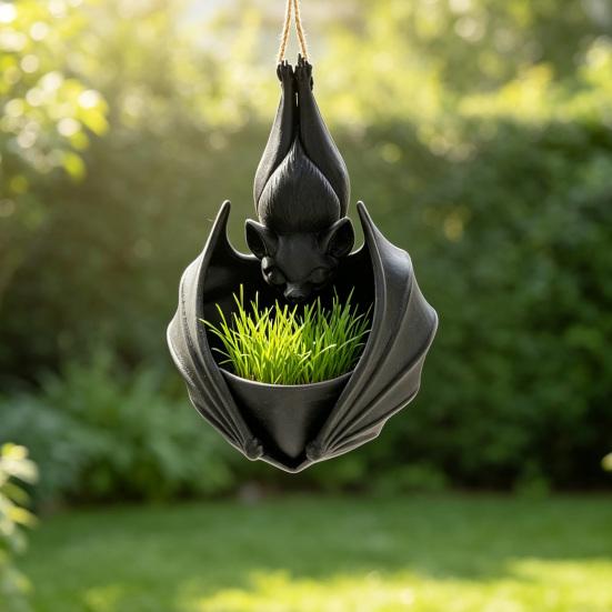 Novelty Bat Fan Gift 3D Printed Hanging Plant Pot, Shaped Planter, Creative Halloween Small Container Flowerpots, Gothic Holder for Indoor