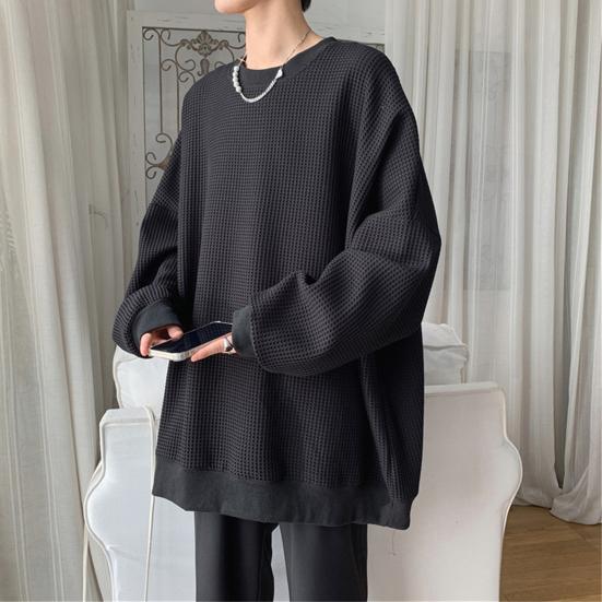 Men Shirt Solid Color Super Soft Loose-fitting Long Sleeve Breathable Decorative Polyester Autumn Spring Men Baggy Pullover Male Tops for School