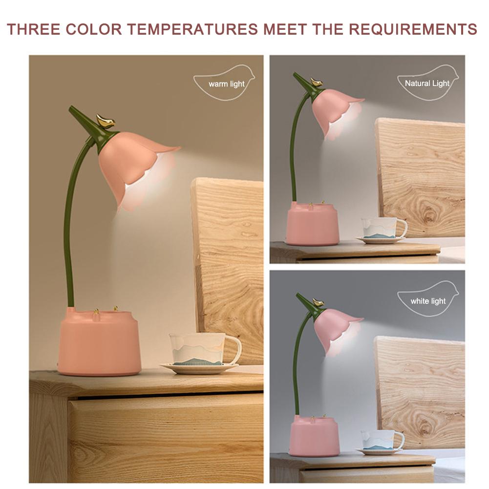 Cute Flower Reading Lamp with Phone Holder Student Dormitory Bedside Lamp Touch Switch 3 Level Dimming for Bedroom Living Room