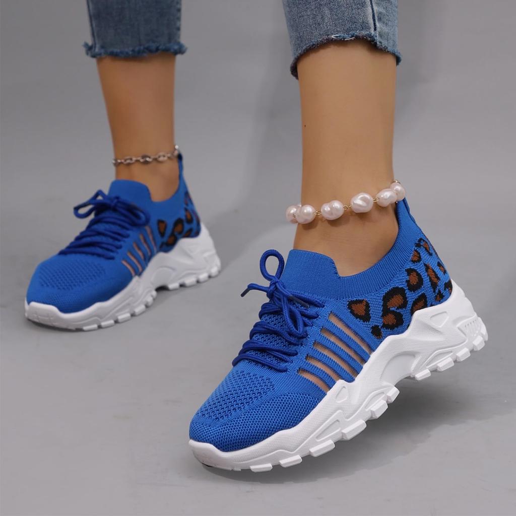Damen Sneaker Sport Laufschuhe Walking Schuh Strick Mesh Atmungsaktiv Leopardenmuster Joggingschuhe