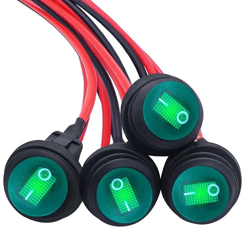 Mankk 4Pcs Round Rocker Switch 12V Waterproof Toggle Switch SPST 3 Pin ON/Off Blue LED Lighted with Pre-soldered Wires for Car Auto Boat Trucks