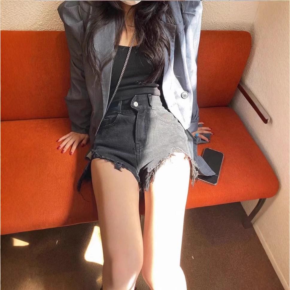 

Женские джинсовые шорты большого размера с высокой талией, бахромой и рваным эффектом - Корейский стиль, А-силуэт, широкие штанины для лета XL черный серый