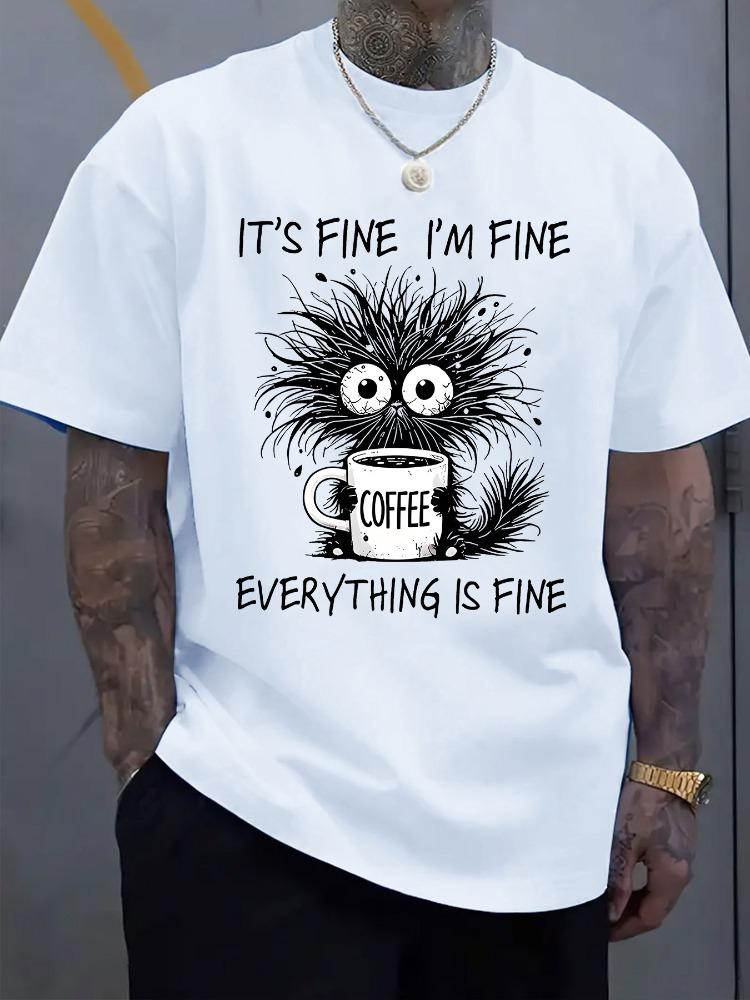 Unisex Oversize Tee It S Fine Cat Coffee Cartoon Graphic Cotton Crew Neck Short Sleeve Casual Daily Street Male Basic Fashion Top