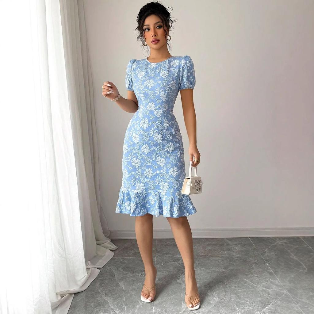 Women Summer Short Sleeve Embroidery O Neck Solid Color Ruffles One Piece Dress