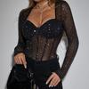 Women Long Sleeve Tops Sexy Bodysuit Y2k Shiny Rhinestone Mesh Corset Overbust Vintage Streetwear Black Red Jumpsuits Romper