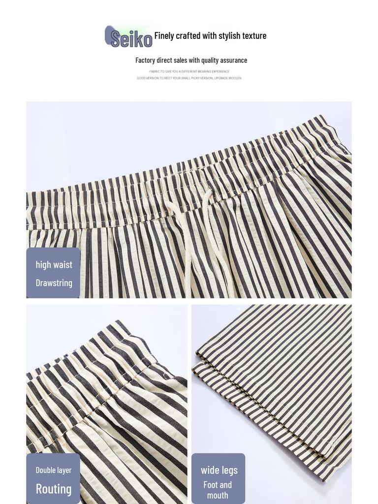 Women's High-Waisted Wide-Leg Black & White Striped Pants - Summer Petite, Slimming, Thin, and Loose Fit, 145cm