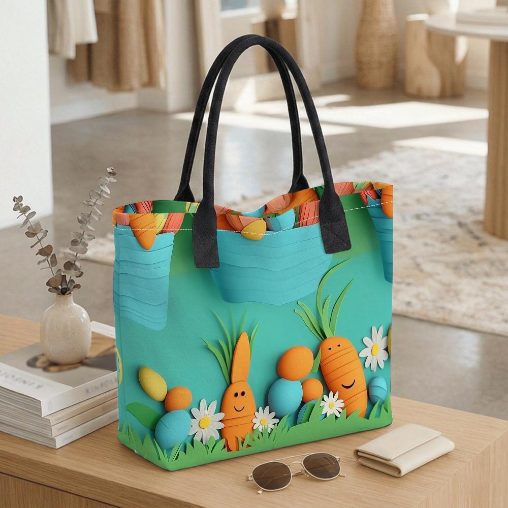 Easter Cartoon Tote Bag Cute Rabbit Carrot Pattern Outdoor Portable Large Capacity Handbag