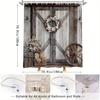 Rustic Barn Door Shower Curtain - Hydrangeas, Wreath & Wagon Wheel Design, Vintage Country Style, Polyester