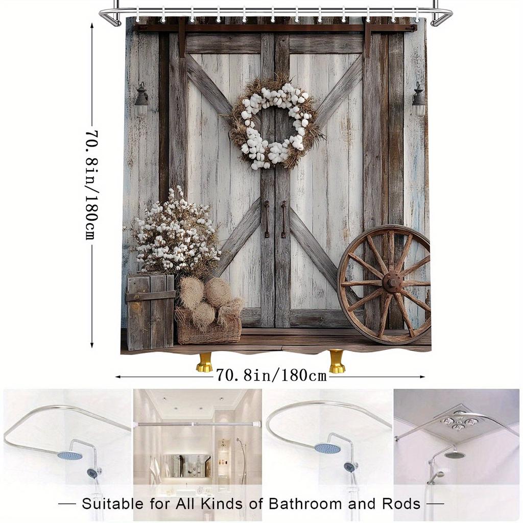 Rustic Barn Door Shower Curtain - Hydrangeas, Wreath & Wagon Wheel Design, Vintage Country Style, Polyester